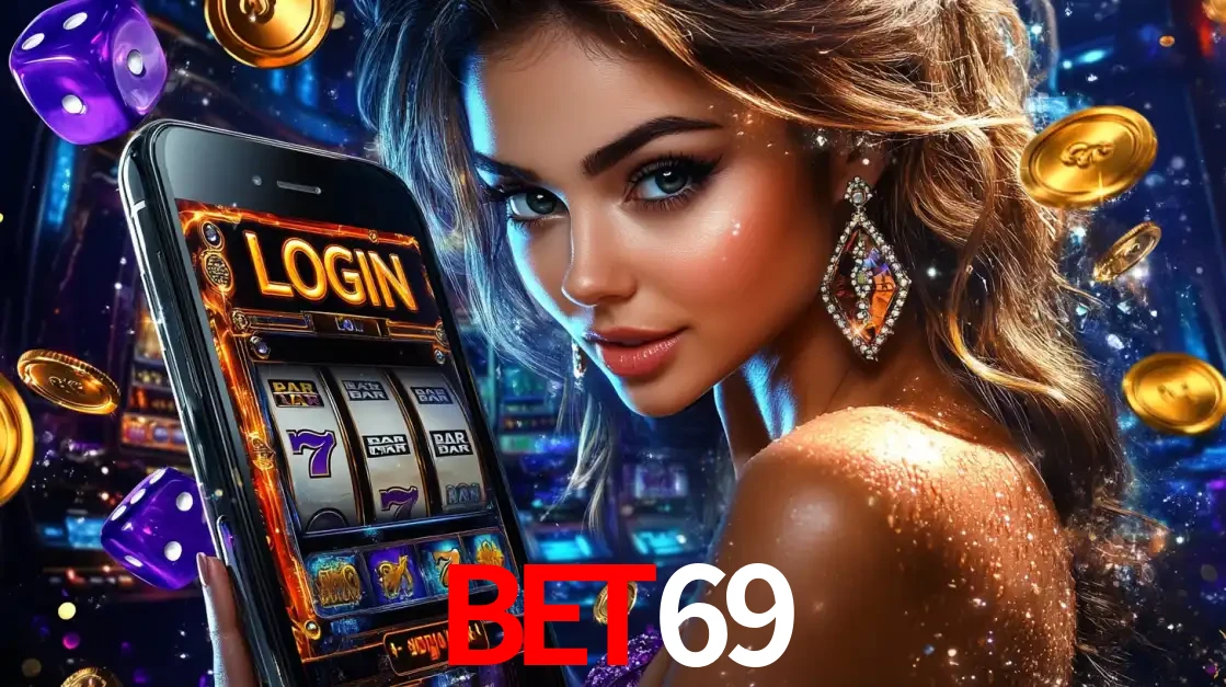 Mulher glamorosa segurando um smartphone com a tela de login para os jogos de caça-níqueis do cassino online BET69, com moedas de ouro e dados ao redor.